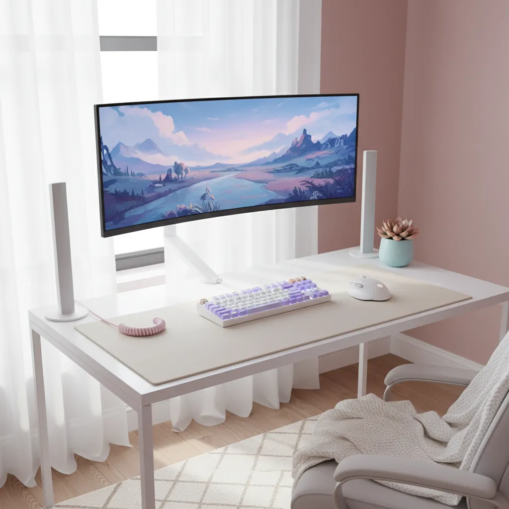Minimalist gaming desk with lavender and white ergonomic peripherals