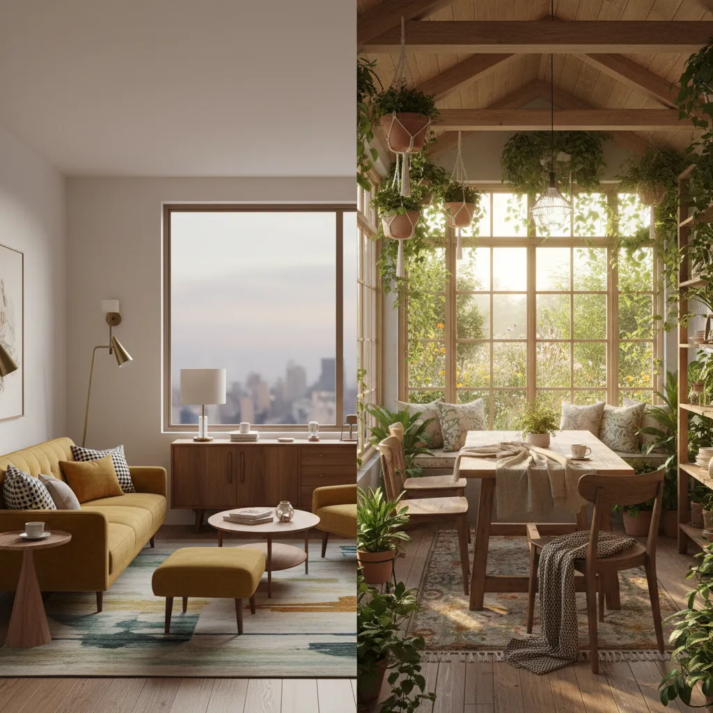 High-quality 3D render of Mid-Century Modern and Cottagecore virtual room designs for Bloxburg, Minecraft, and The Sims.