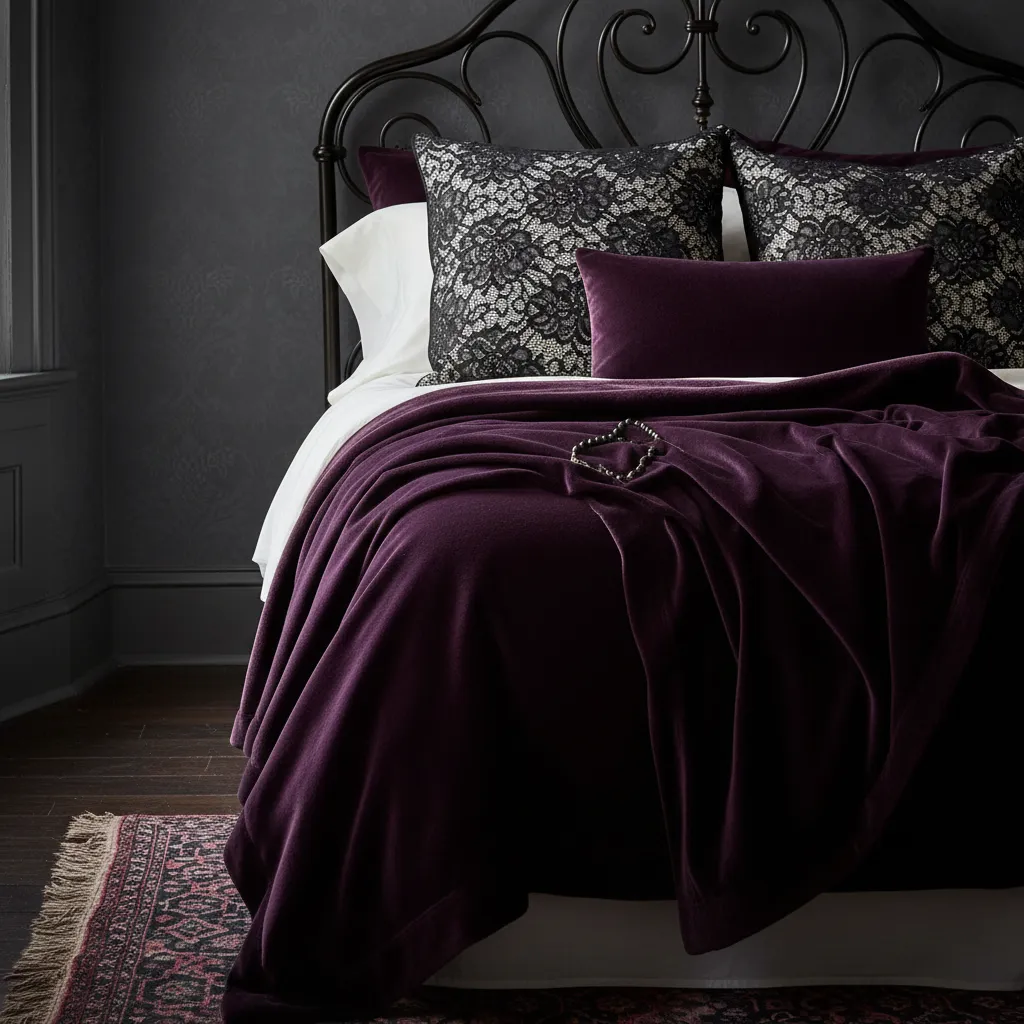 Affordable Whimsigothic Bedding Close up of budget friendly velvet and lace whimsigothic bedding layers