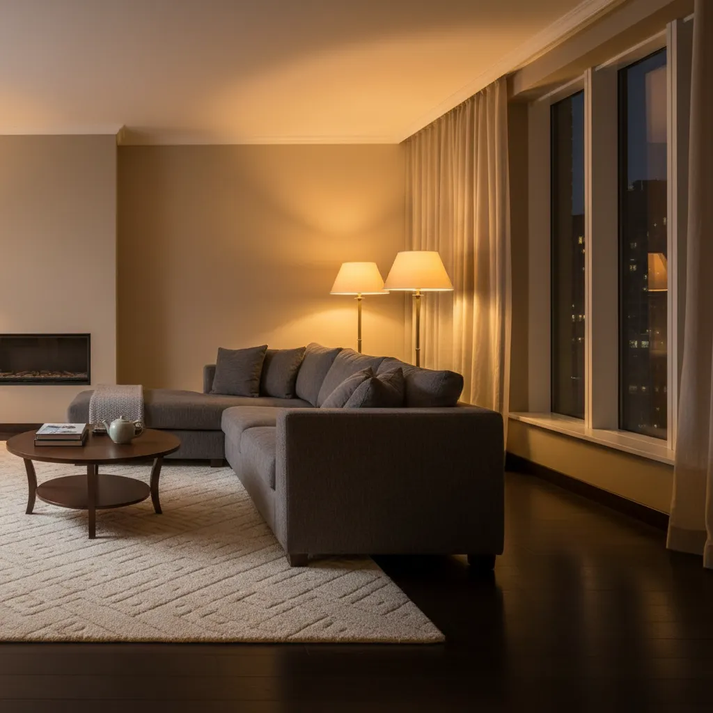 Ambient Lighting for Dark Floors and Gray Sofas Living room at night with warm lighting and gray furniture