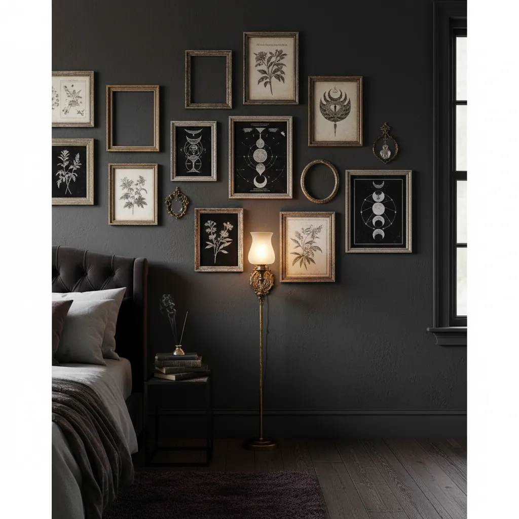 Ambient Lighting For Gallery Wall Brass plug in sconce illuminating a whimsical gothic gallery wall in a bedroom