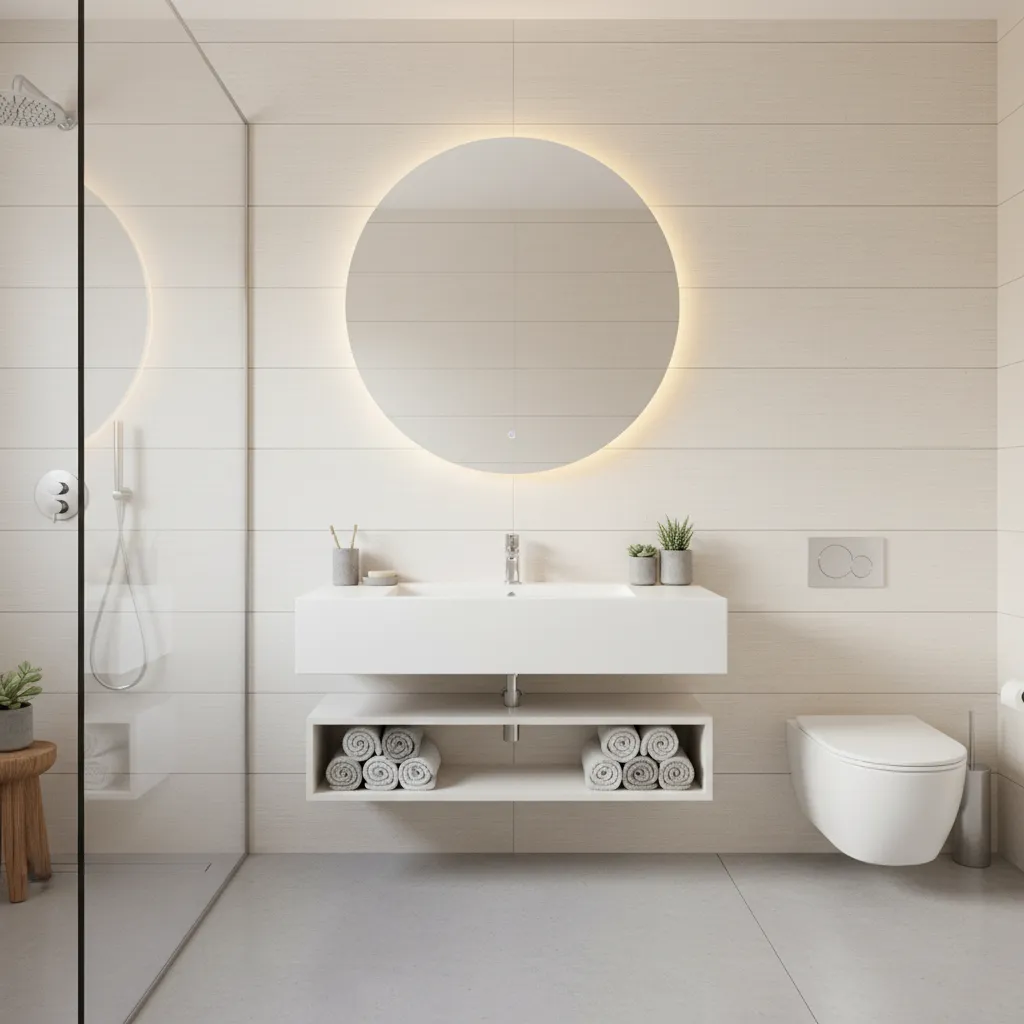 Warm LED lighting in a minimalist 3x4 gray bathroom layout