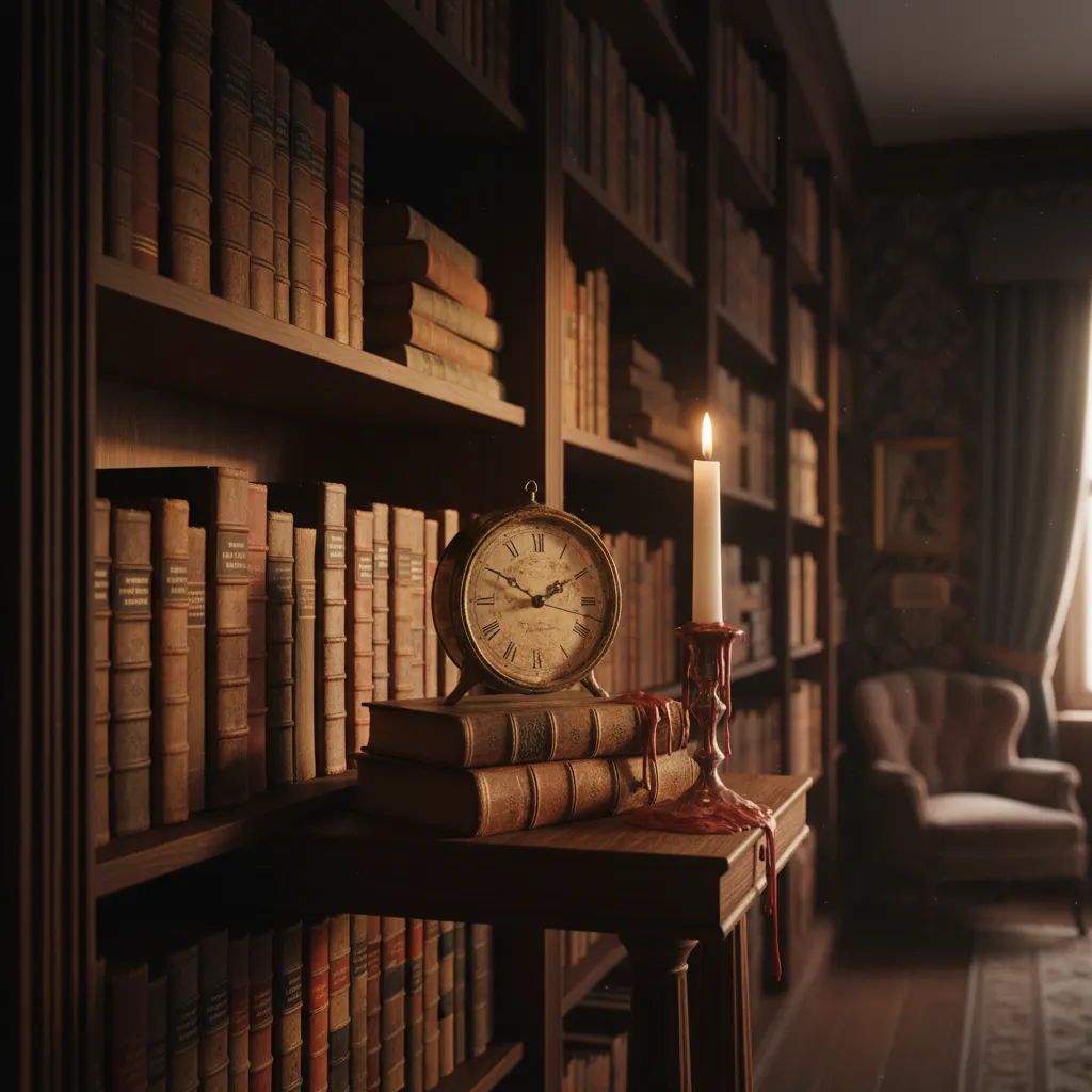 Close up of dark mahogany shelves with stacked antique books and vintage brass decor