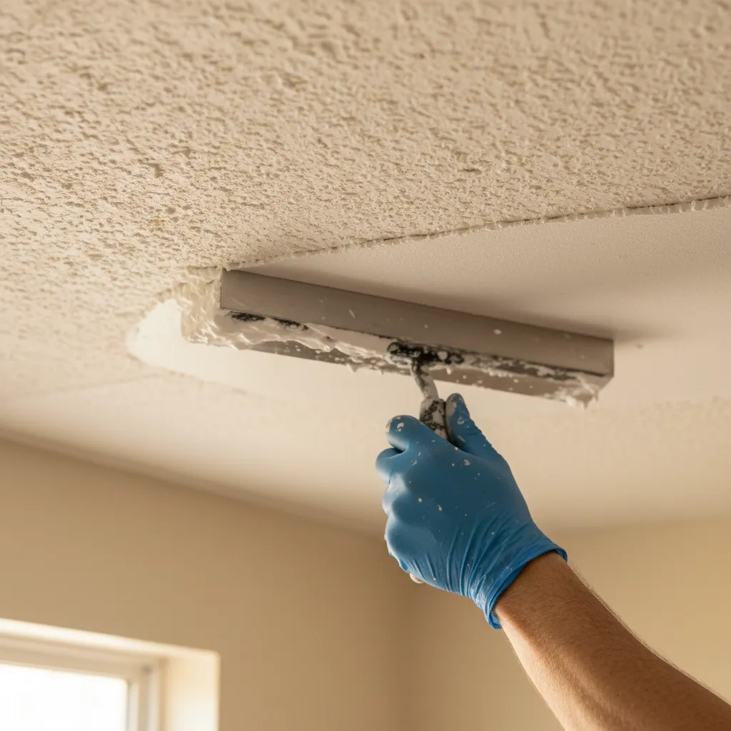 Applying Joint Compound Layers Close up of a trowel applying smooth joint compound over a bumpy ceiling