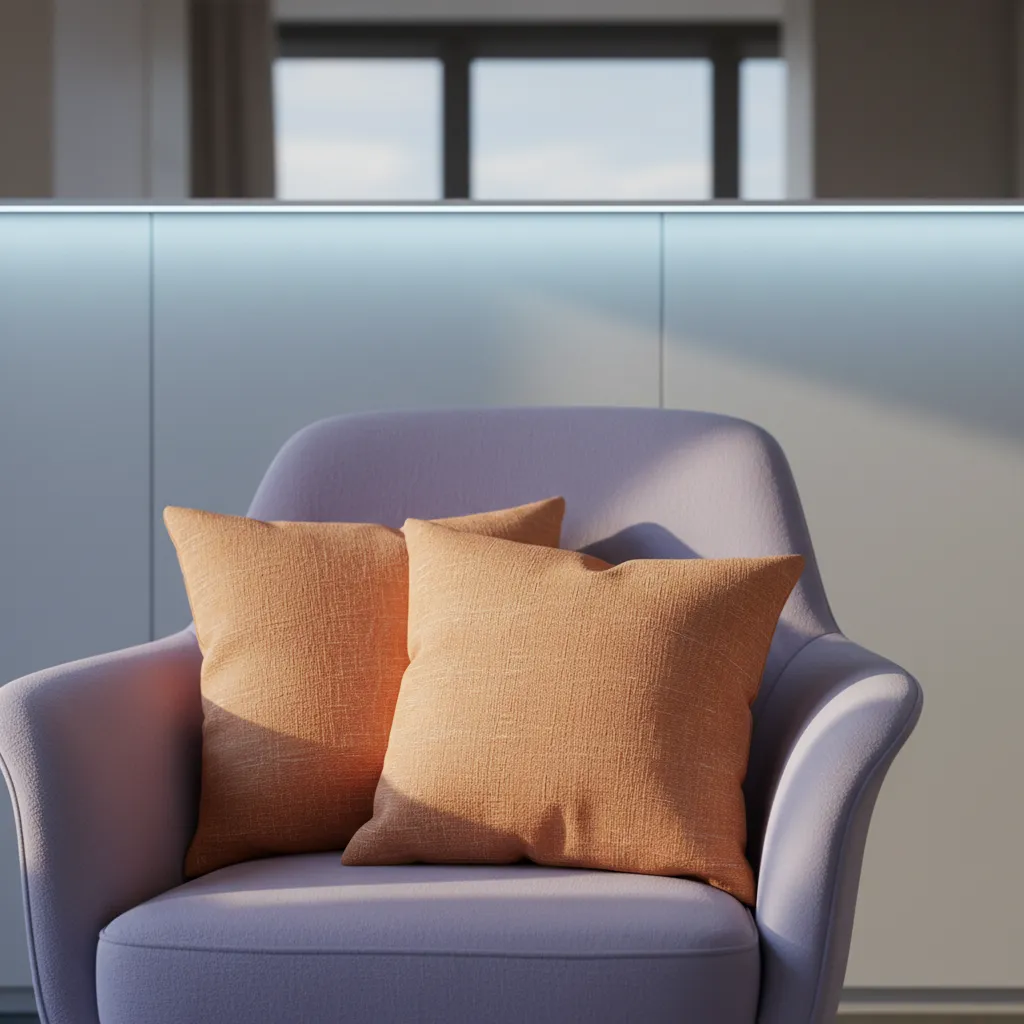 Close-up of apricot and lavender textiles under cool lighting