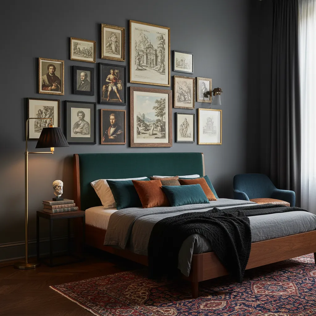 Gallery wall with brass and dark wood frames above a velvet bed