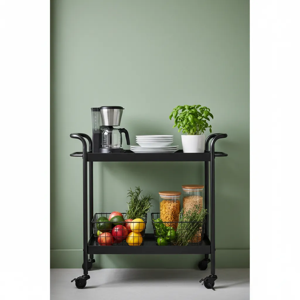 Bar Cart Used As Kitchen Pantry Matte black bar cart functioning as a mobile kitchen pantry