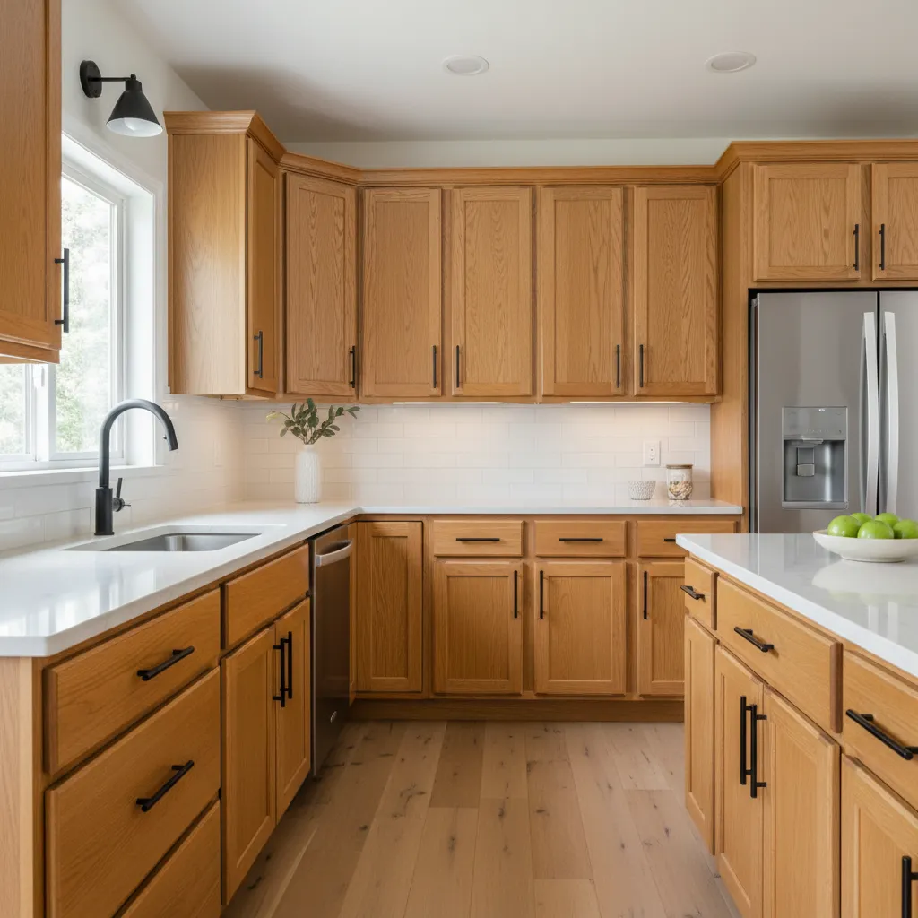 A modern kitchen transformation showing honey oak cabinets paired with matte black hardware and white quartz countertops.