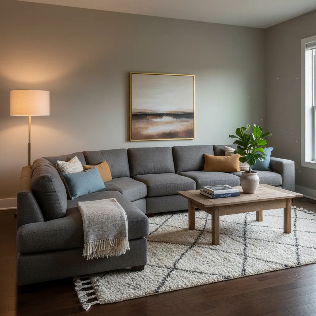 High contrast cream Moroccan shag rug on dark wood floor with modern gray sofa.