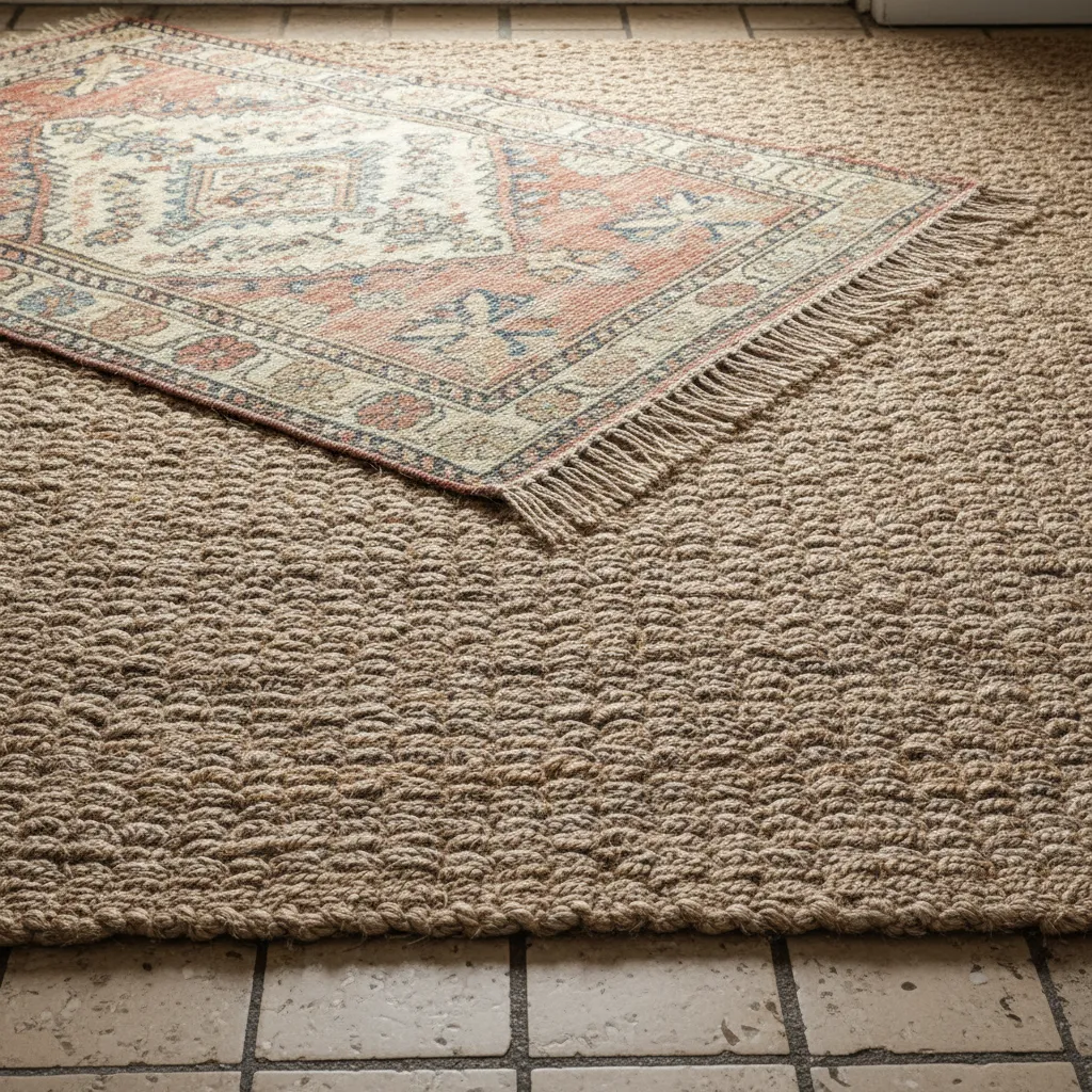 Chunky jute rug layered under a vintage patterned runner hiding floor tiles