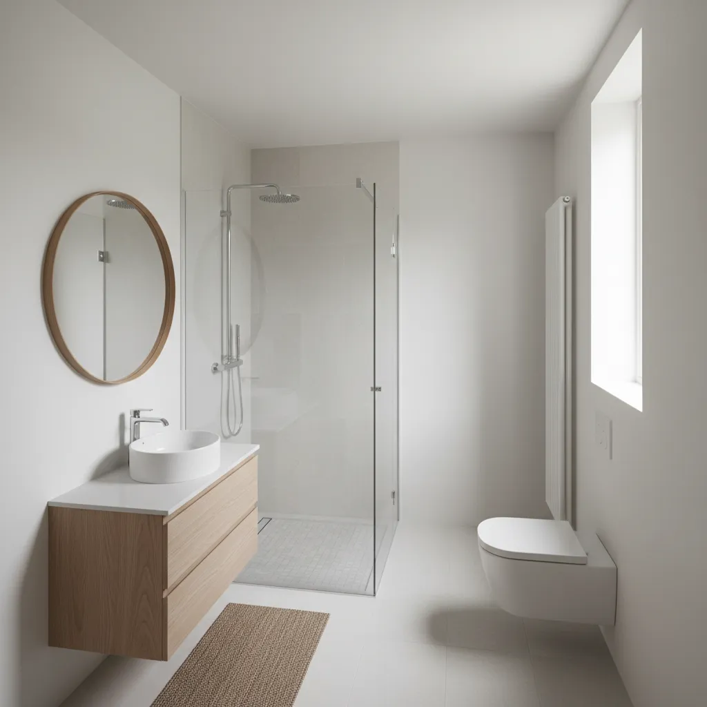 Overhead view of a minimalist 2x2 bathroom layout showing strategic furniture placement