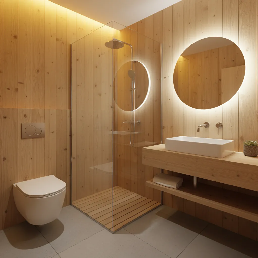 A 2x2 grid minimalist bathroom layout in Bloxburg featuring warm wood textures and modern fixtures