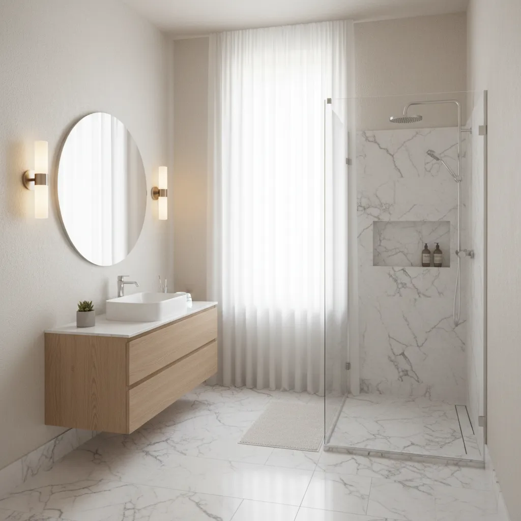 A sleek, minimalist 4x4 virtual bathroom featuring warm oak textures and ambient lighting.