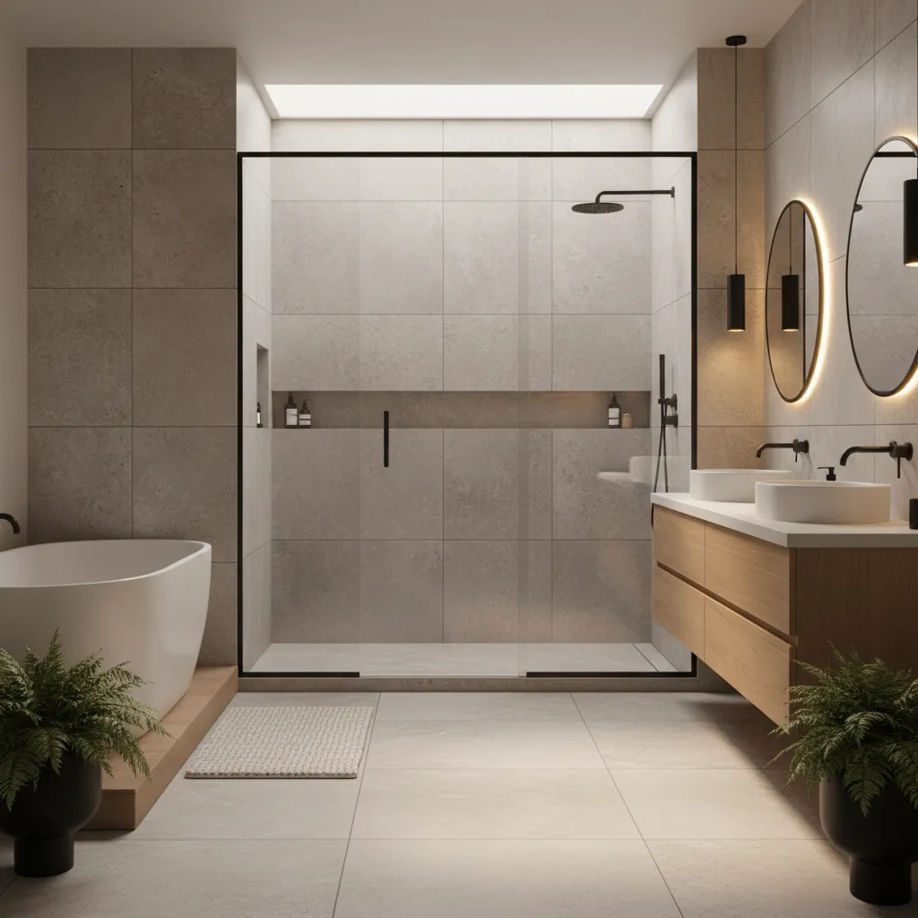 A sleek 3x3 minimalist bathroom design featuring a frameless glass shower and floating vanity