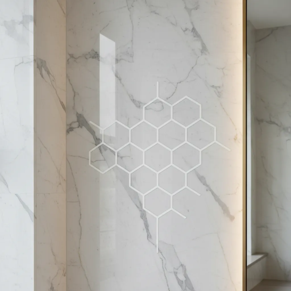 Close up view of a bright white Calacatta marble wall texture in a minimalist bathroom.