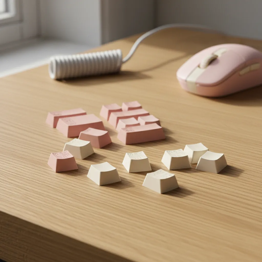 Close-up of pink and cream mechanical keyboard keycaps on oak wood