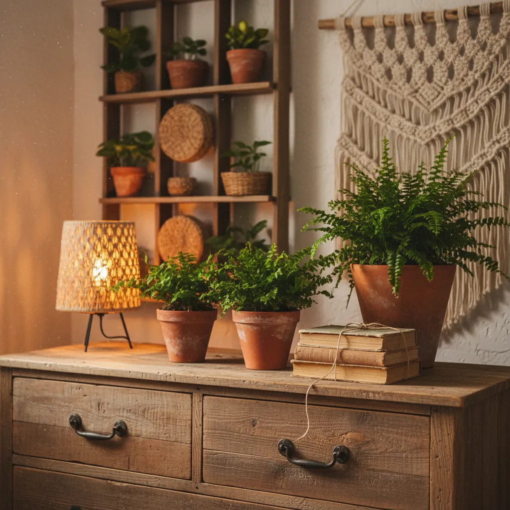 Boho Bedroom Dresser Decor Curated vignette of plants and books on a wooden dresser in a boho bedroom
