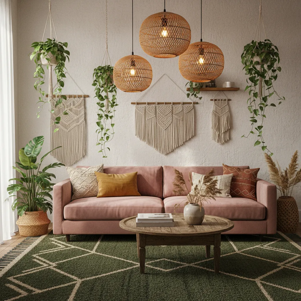 Boho Dusty Rose Olive Green Decor Bohemian living room layered with dusty rose and olive green textures