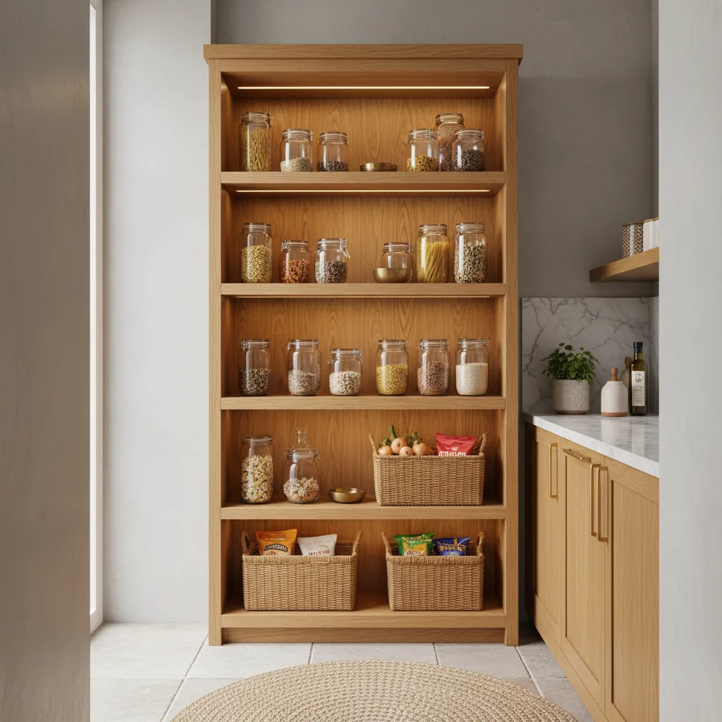 Bookshelf Pantry in Small Kitchen Oak bookshelf used as an open pantry in a small kitchen