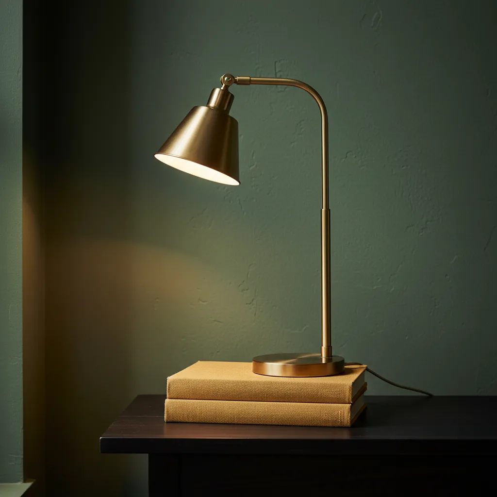 A brass lamp casting a warm glow against a dark green wall.