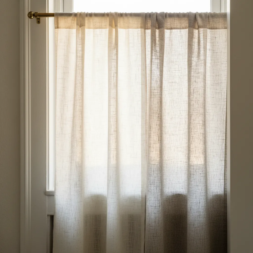 Close up of lightweight, breathable organic fabrics hanging from a brass tension rod to safely cover a radiator.