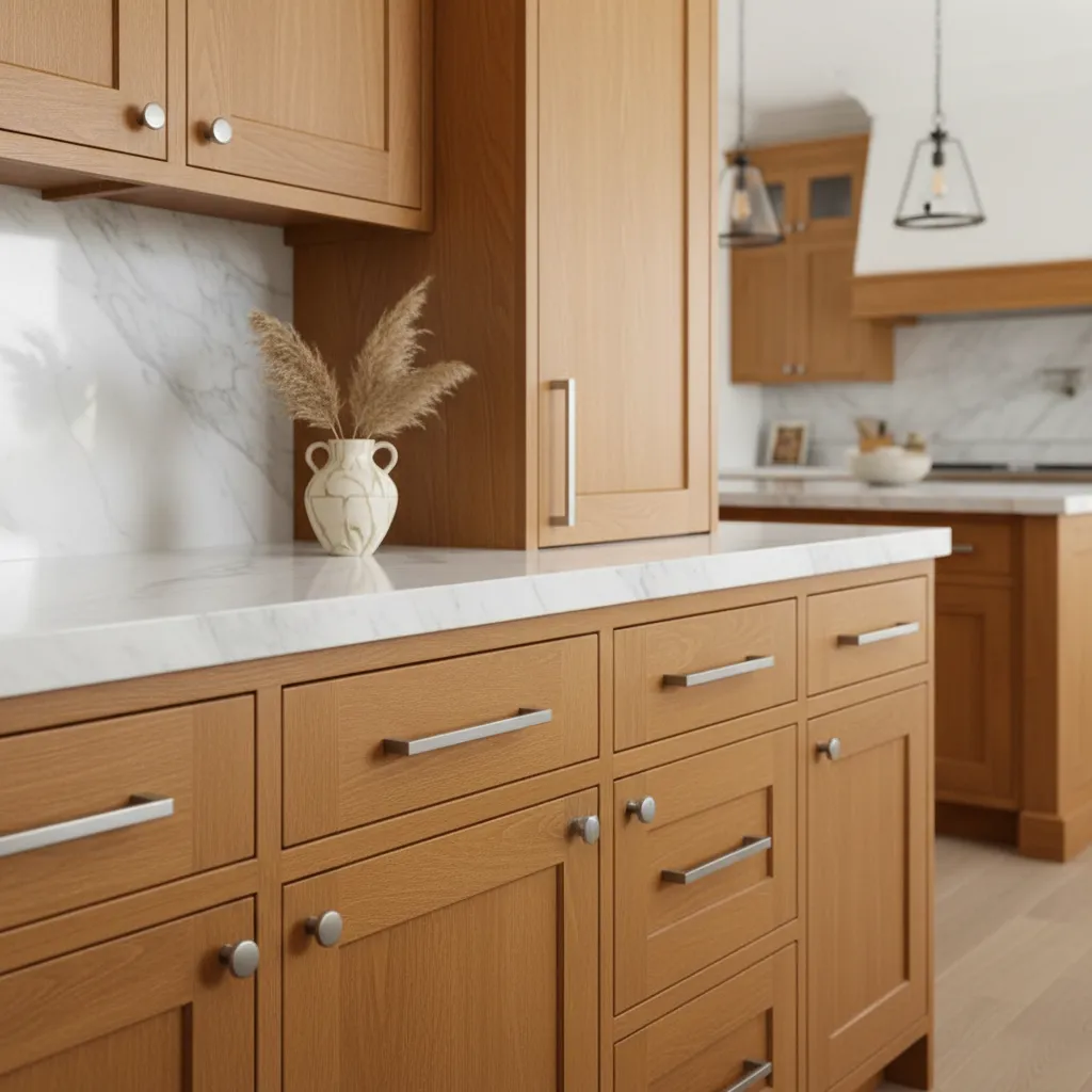 Brushed Nickel Hardware On Honey Oak Cabinets Sleek brushed nickel cabinet hardware contrasting beautifully with warm honey oak kitchen cabinets in a modern styled space.
