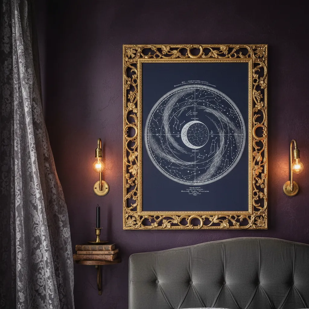Celestial Moon Wall Art Frame Vintage gold frame displaying a printable moon phase poster on a dark bedroom wall