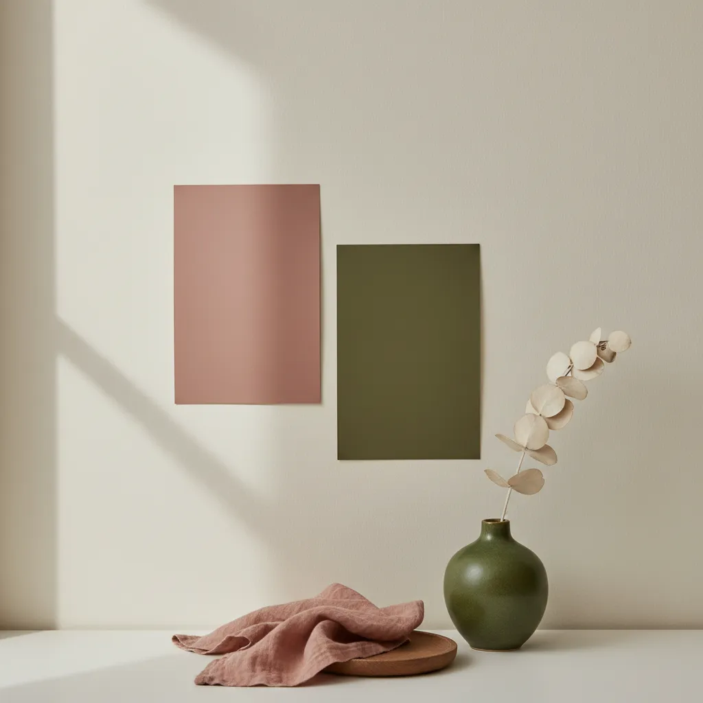 Choosing Cream Paint Color Swatches Paint swatches against a cream wall with rose and olive fabric