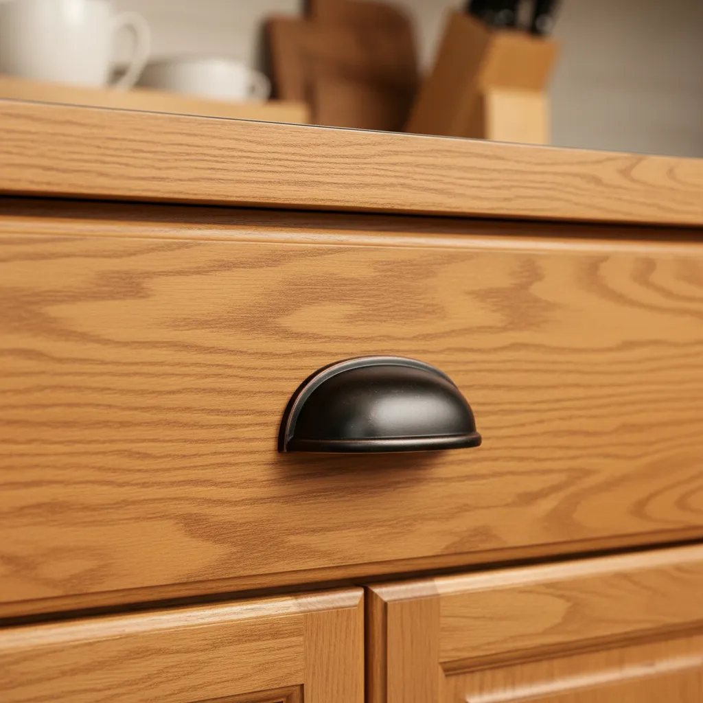 Close Up Bronze Drawer Pull Close up view of dark bronze drawer pull on honey oak cabinet