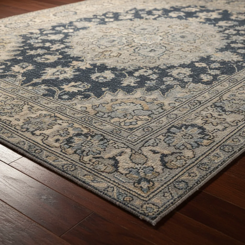 Close Up Navy Gray Vintage Rug Texture Texture of a navy and gray wool vintage rug