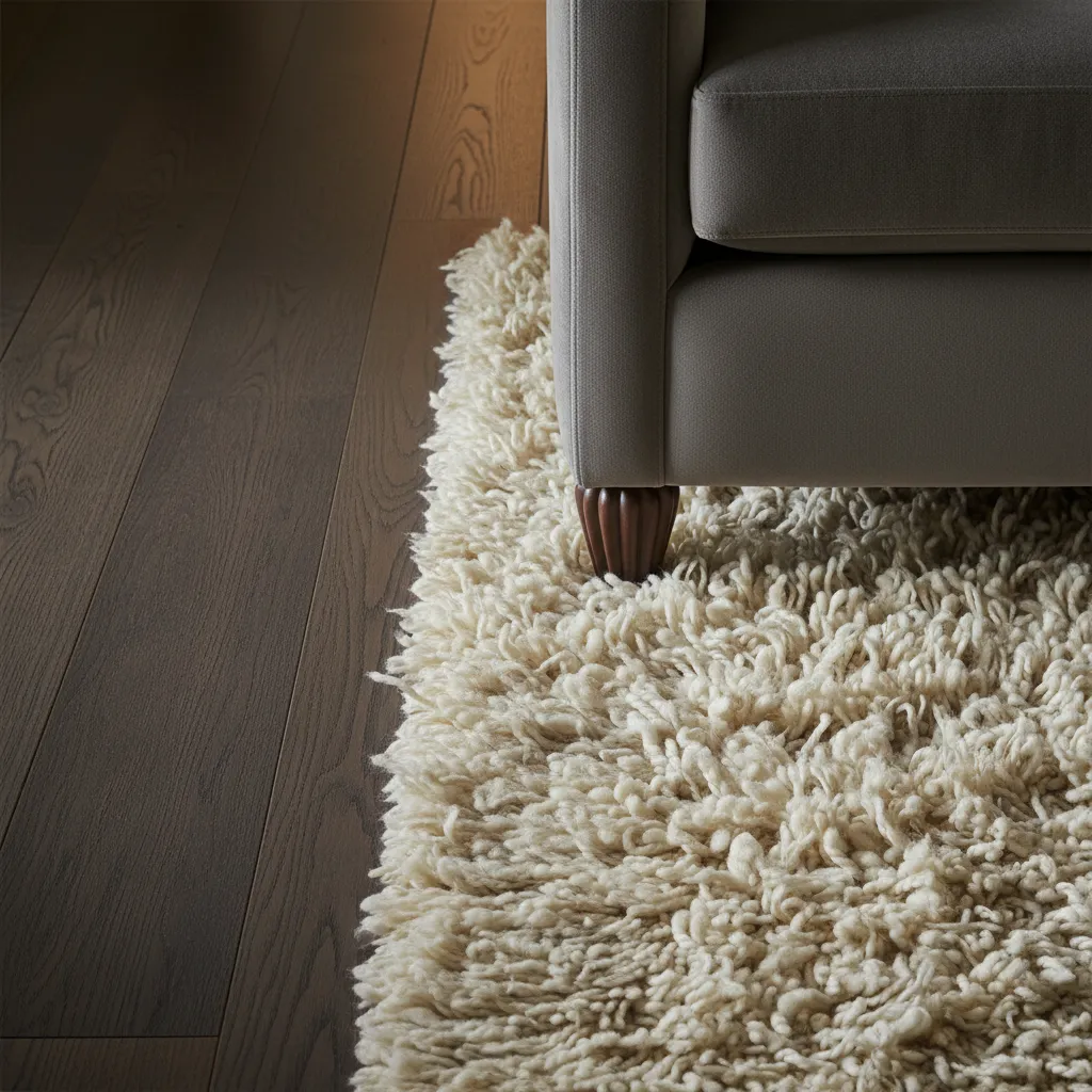 Close Up Shag Rug Texture Close up of ivory wool shag rug texture on dark wood floors