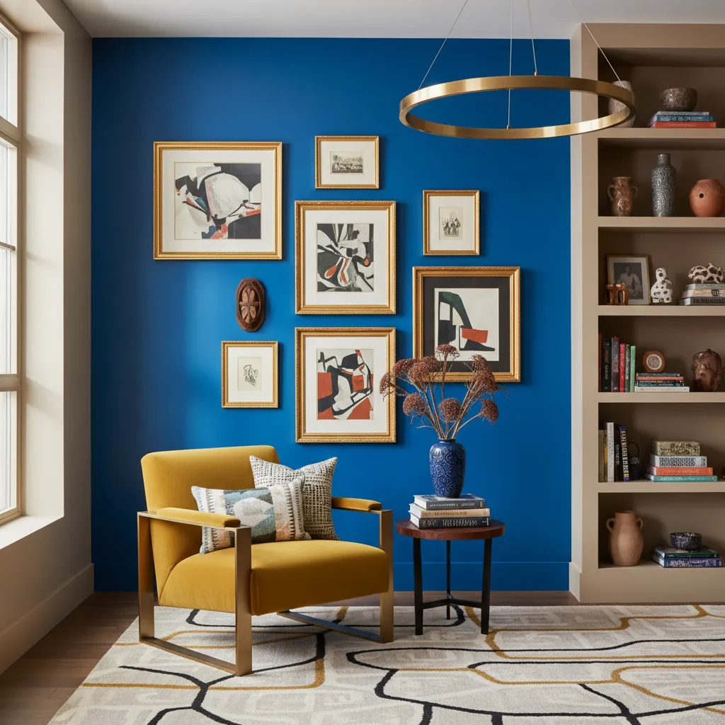 Bold neo-maximalist living room with cobalt blue walls and mustard yellow accents