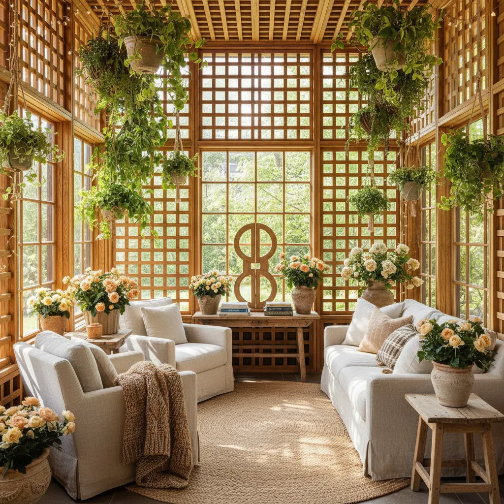 Cozy cottagecore sunroom with natural wood accents and plants