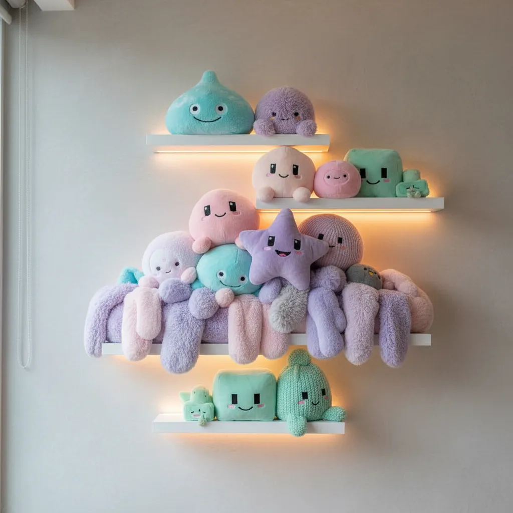 Pastel gaming plushies on floating shelves with soft lighting