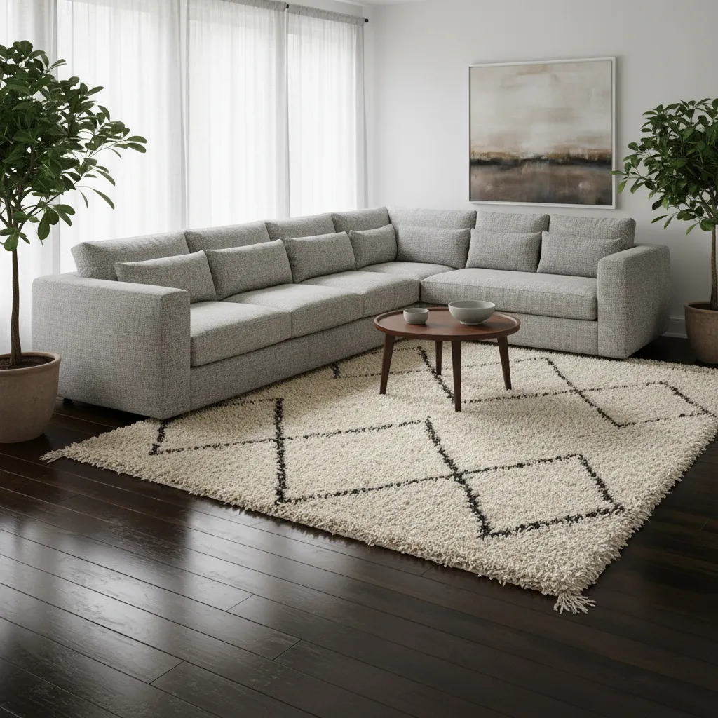 Cream Moroccan Rug on Dark Wood Plush cream Moroccan rug on dark wood floors with a gray couch