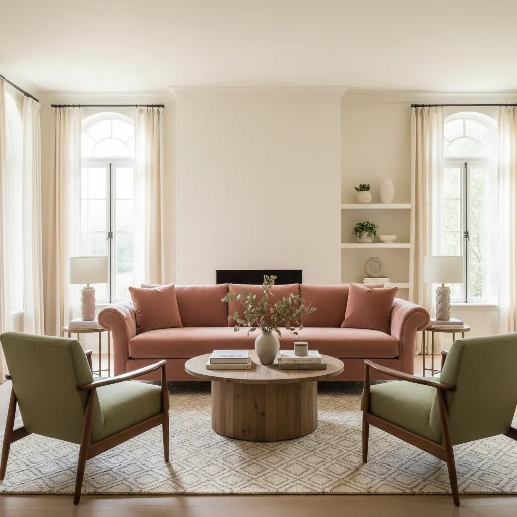 Cream Walls Dusty Rose Olive Green Room Cozy living room with cream walls, a dusty rose sofa, and olive green accents