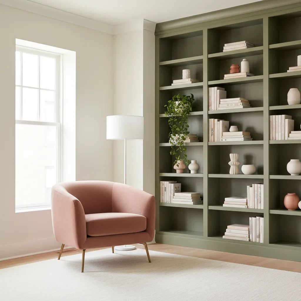 Cream Walls Dusty Rose Olive Green Modern living room with cream walls and dusty rose and olive green accents