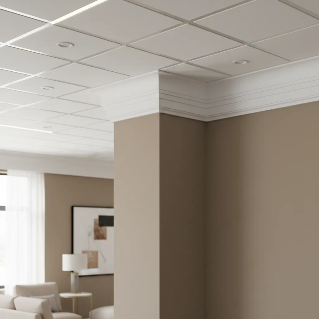 Crown Molding Ceiling Transition Detail Close up architectural detail of white crown molding connecting a wall to a drop ceiling