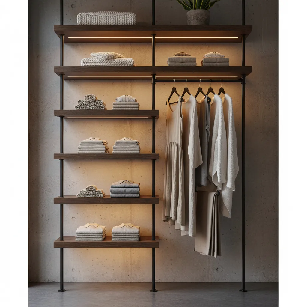 Custom Base Game Open Wardrobe Detail shot of a custom open wardrobe made with floating shelves and clothing racks