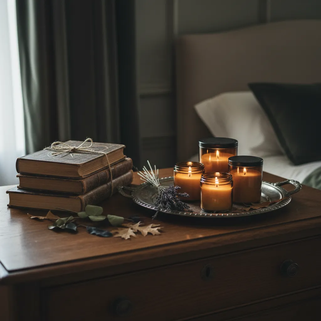 Amber glass candles and dried botanicals on an antique bedroom dresser