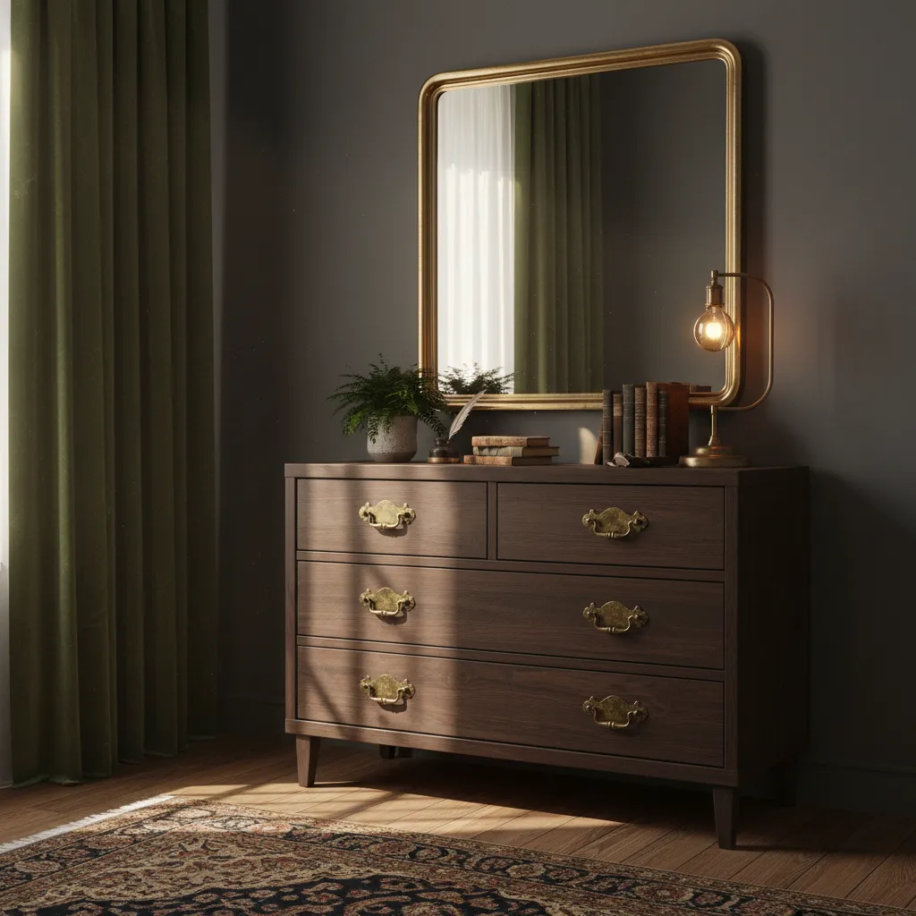 Upcycled modern bedroom dresser featuring rich dark wood stain and vintage antique brass hardware in a dark academia aesthetic.