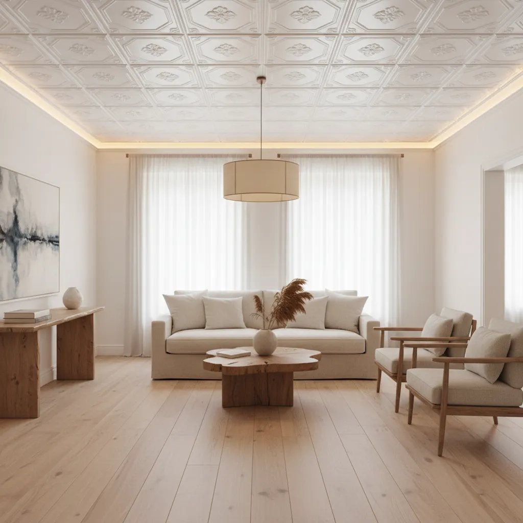 Decorative Ceiling Tiles Over Popcorn Modern living room with a decorative tin-style ceiling covering a popcorn ceiling