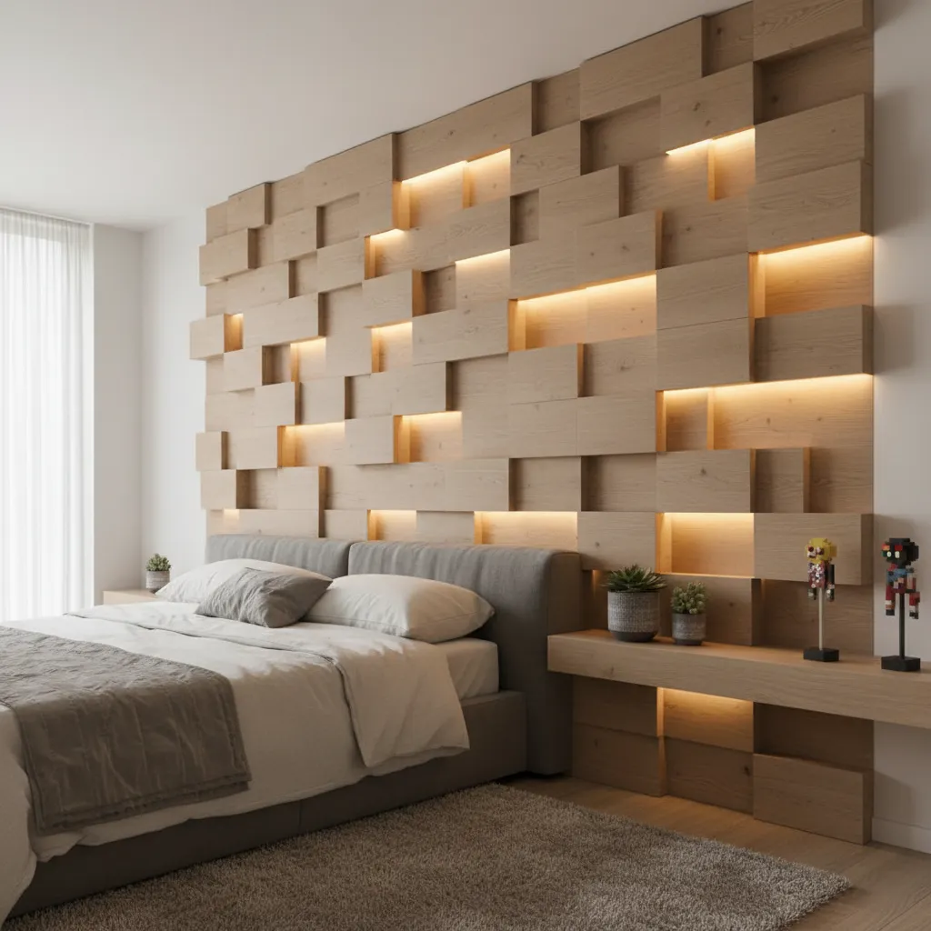 A wooden voxel feature wall with integrated ambient lighting