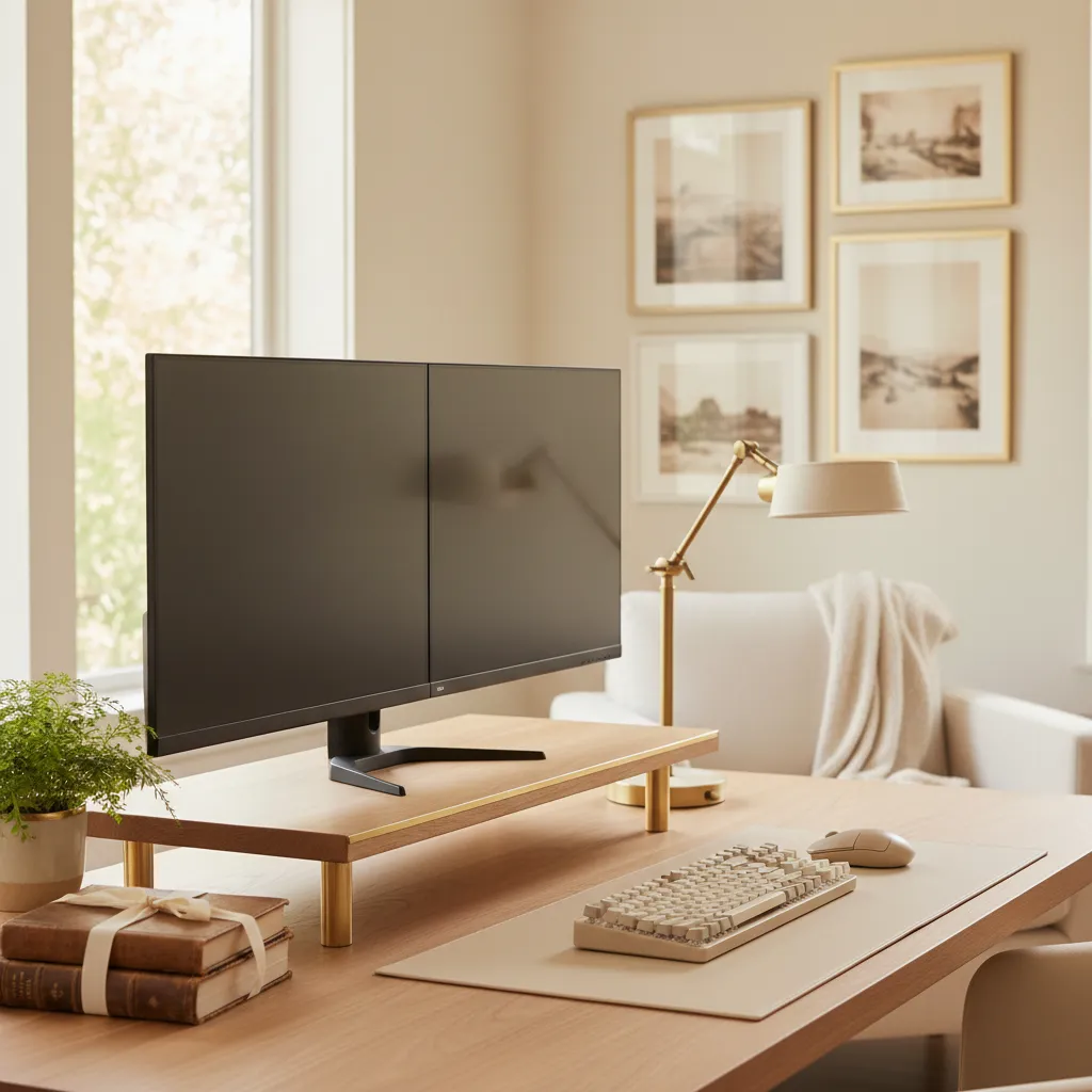 Dual Monitor Wood Riser Dual monitors placed on a light oak riser stand for an ergonomic and aesthetic home office.