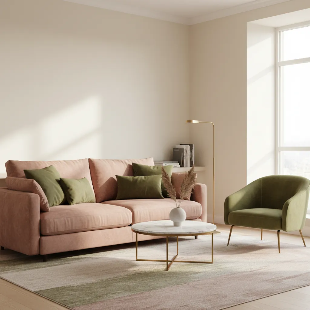 A sophisticated living room designed with a dusty rose velvet sofa, olive green decor accents, and warm cream walls.