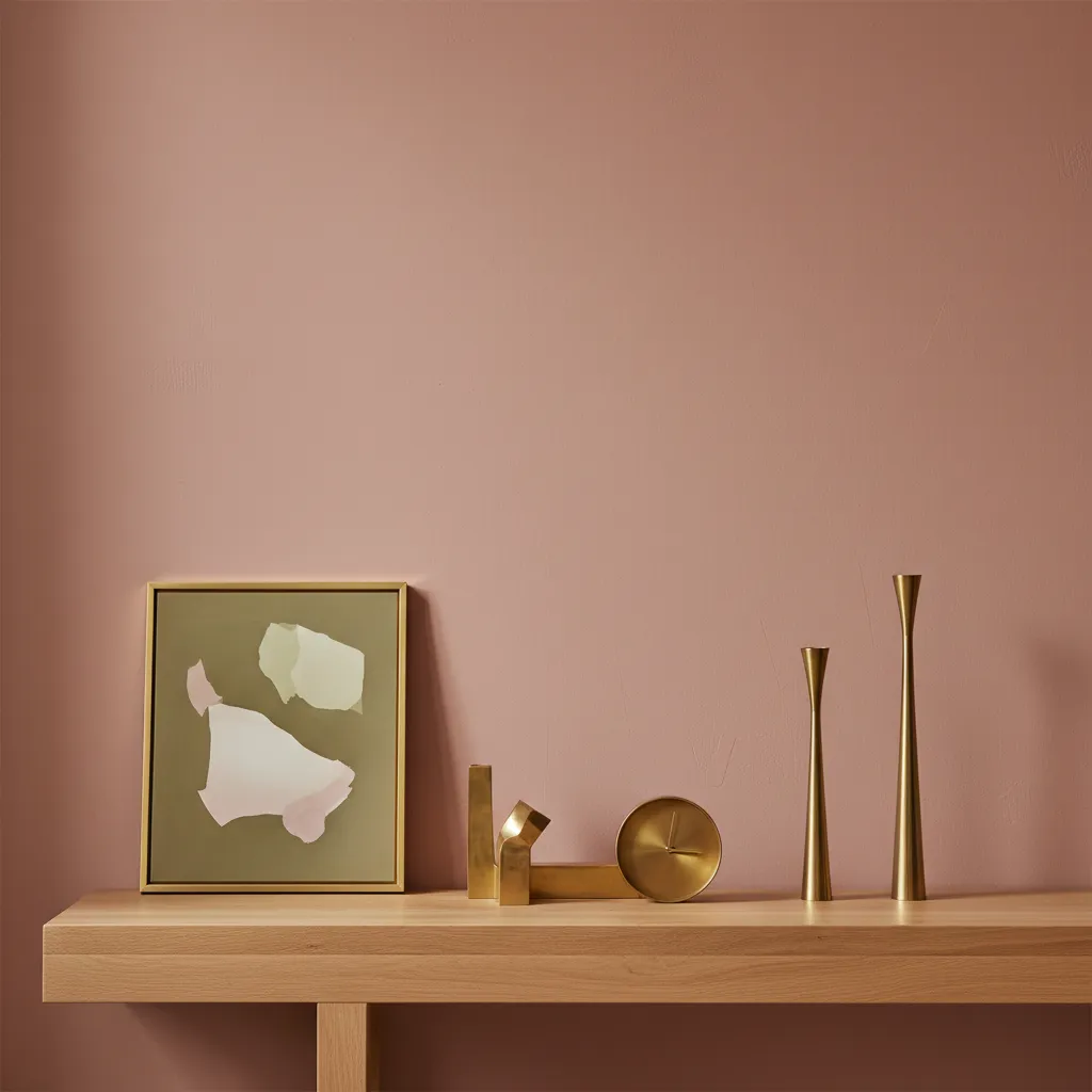 Dusty Rose Living Room Paint Close up of dusty rose painted wall with oak console table