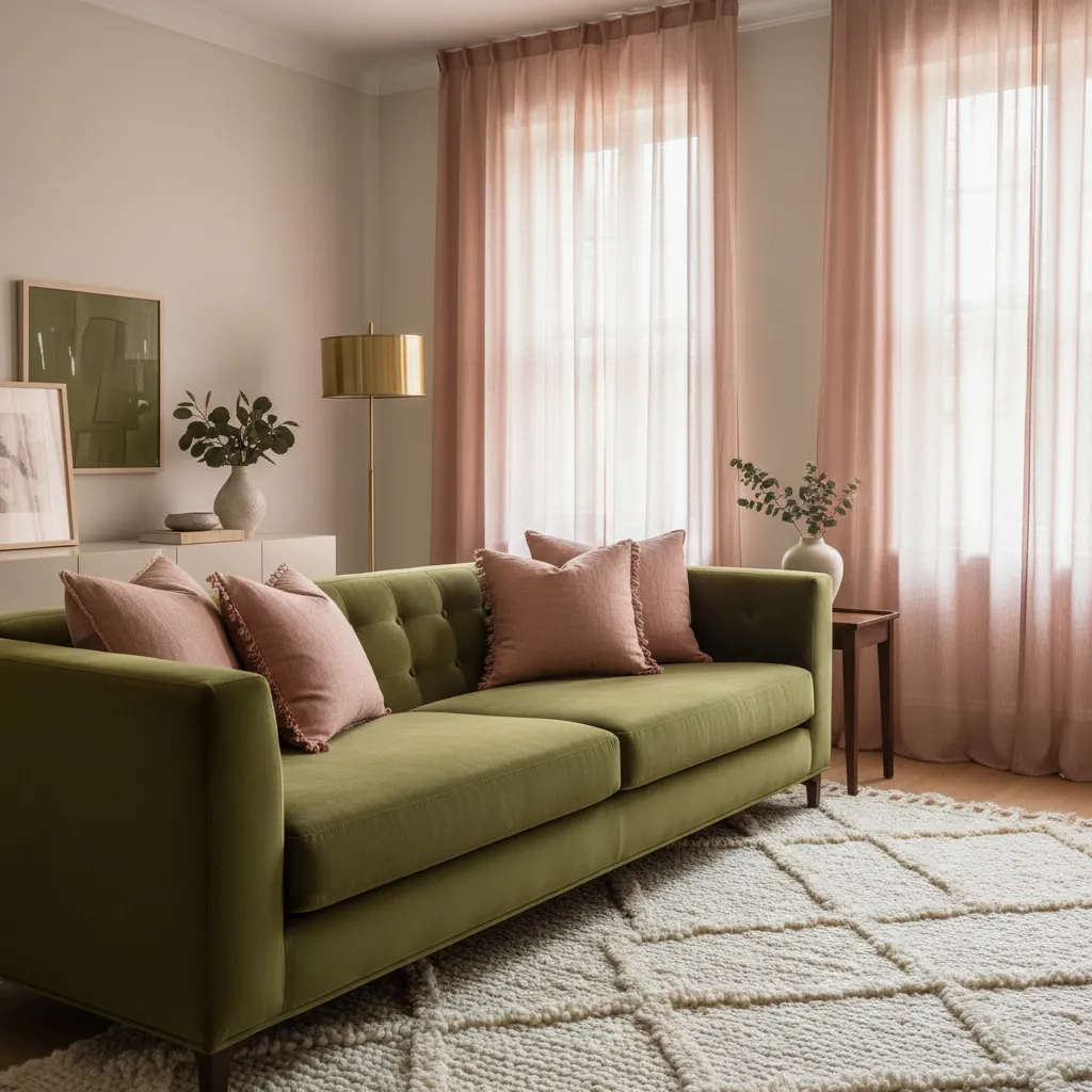 Dusty Rose Pillows on Olive Sofa Olive green velvet sofa styled with dusty rose throw pillows and textured rug