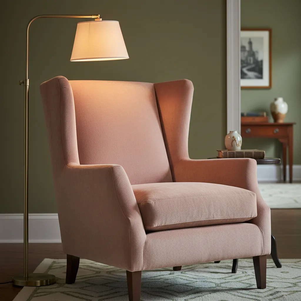 Dusty Rose Velvet Accent Chair Dusty rose velvet accent chair under warm ambient lighting in a chic living room