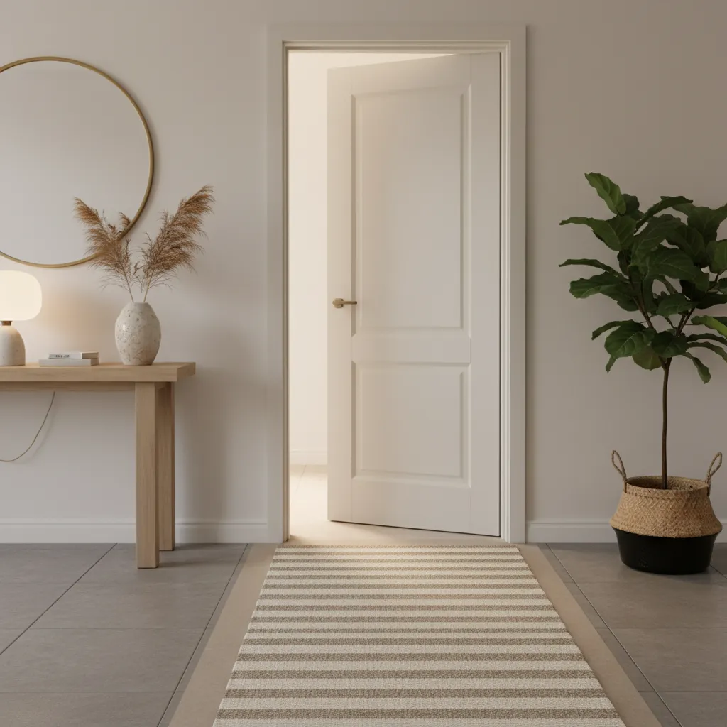 Low profile runner rug allowing interior door to open smoothly