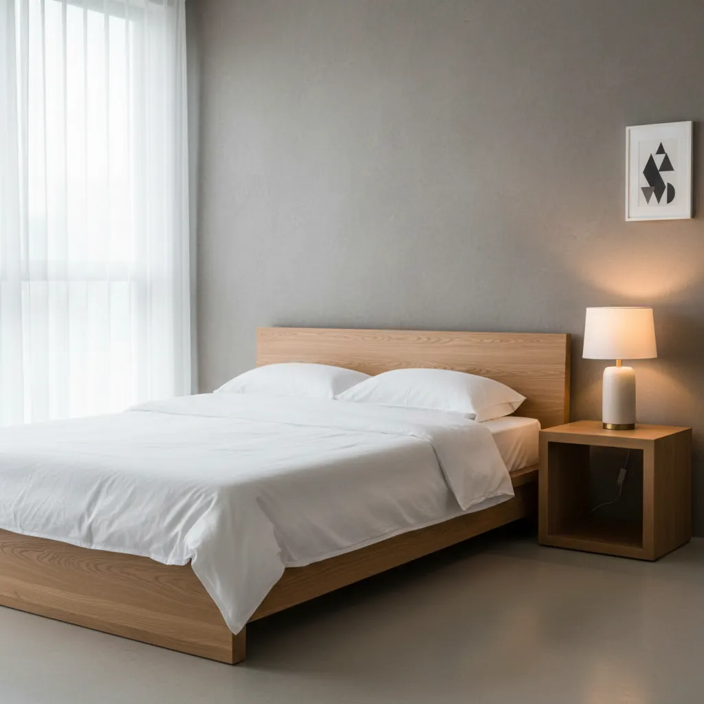 Essential Minimalist Bedroom Furniture Close up of a sleek wooden bed and modern nightstand bathed in warm light